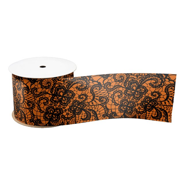 Halloween Black Lace On Orange Satin Ribbon (Spool)