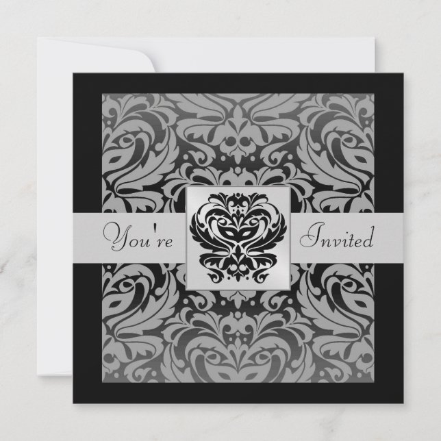 Halloween Black Mask Damask Gray Ribbon Invitation (Front)