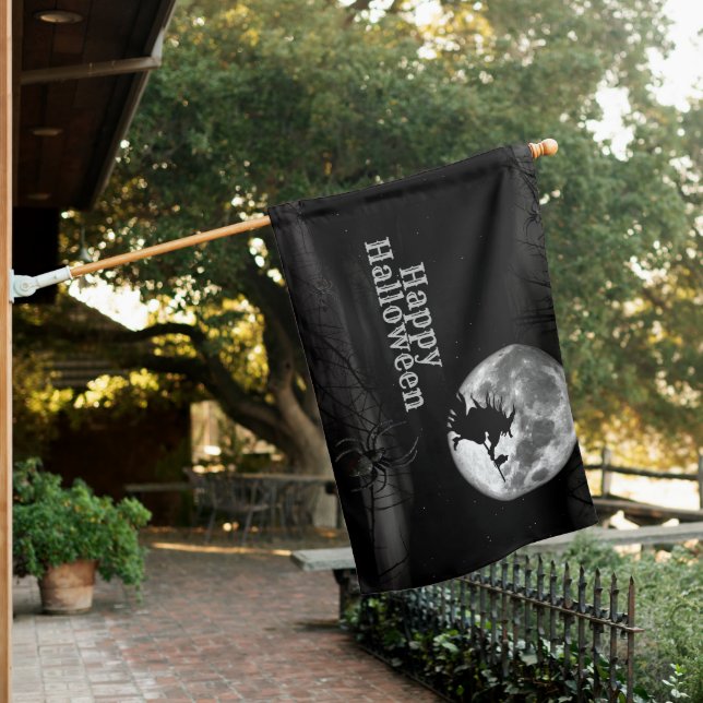 Halloween Black Night Flying Witch Full Moon Scary House Flag (In SItu)