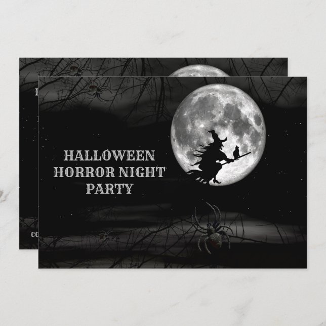 Halloween Black Night Flying Witch Full Moon Scary Invitation (Front/Back)