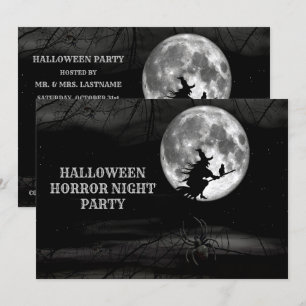 Halloween Black Night Flying Witch Full Moon Scary Invitation