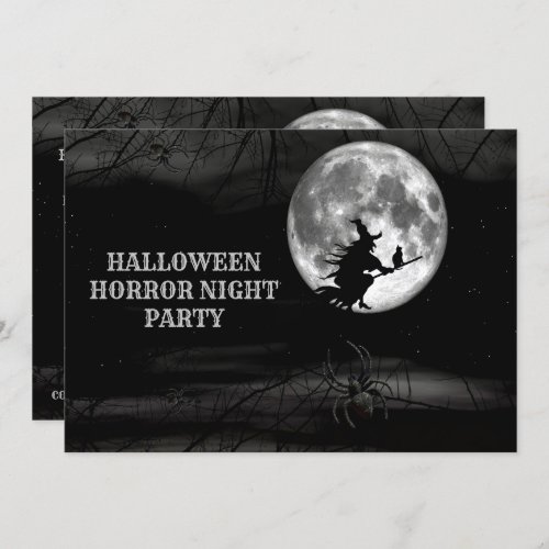Halloween Black Night Flying Witch Full Moon Scary Invitation
