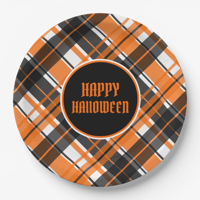 Halloween Black Orange and White Plaid Paper Plates (Front)
