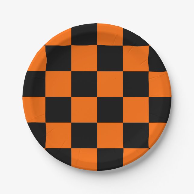 Halloween Black Orange Checkered Paper Plates (Front)
