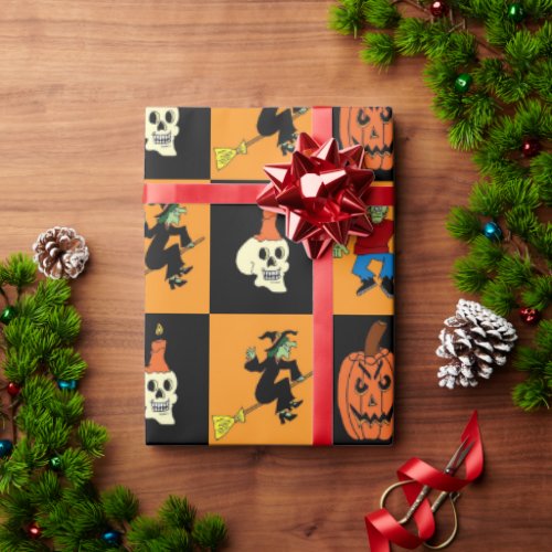 Halloween Black  Orange Checkered Wrapping Paper