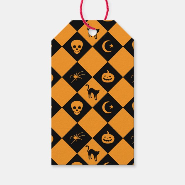 Halloween Black Orange Diamond Pattern Gift Tags