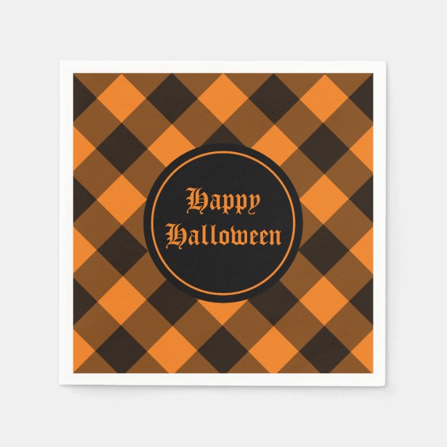 Halloween Black Orange Gingham Check Pattern Napkins (Front)