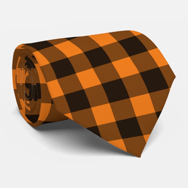 Halloween Black Orange Gingham Check Pattern Neck Tie (Rolled)
