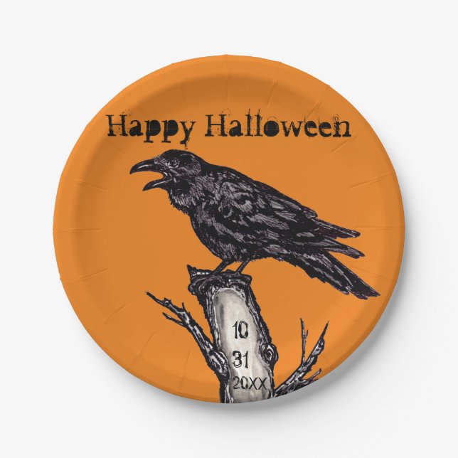 Halloween Black Orange Gothic Raven Crow Date Paper Plates (Front)