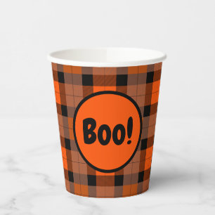 Halloween Black Orange Plaid Boo! Paper Cups