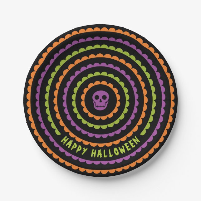 Halloween Black Orange Purple and Green Scallop Paper Plates (Front)