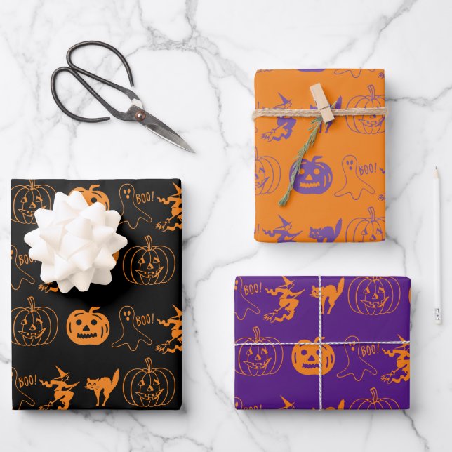 Halloween black orange purple spooky pattern  wrapping paper sheets (Front)