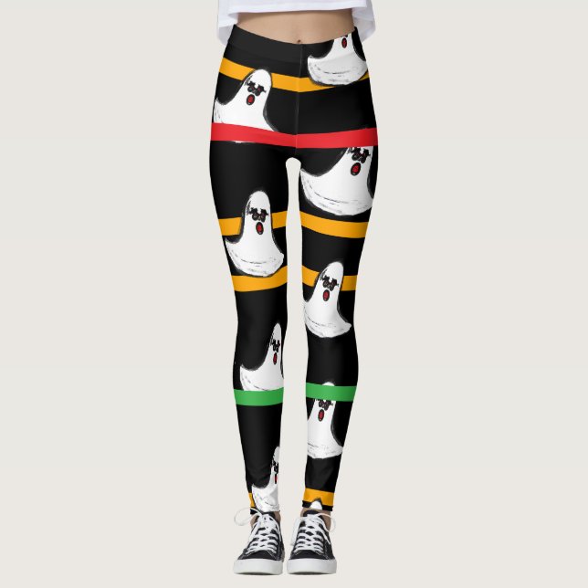 Halloween Black Orange Red  Green White Ghosts Leggings (Front)