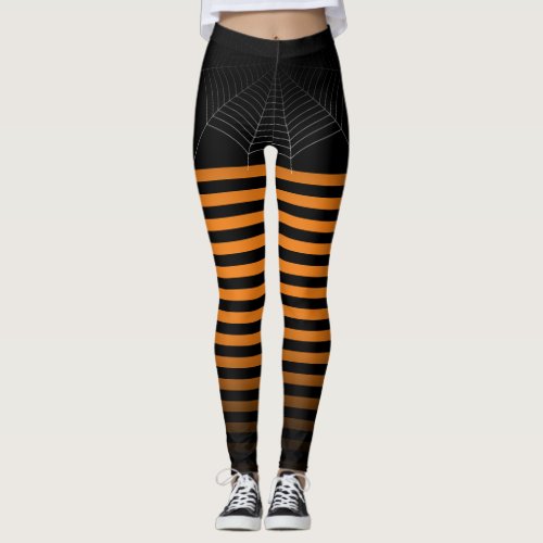 Halloween Black orange spider web stripes ombre Leggings