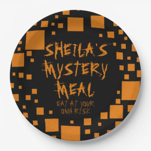 Halloween Black Orange Squares Name Spooky Food Paper Plates
