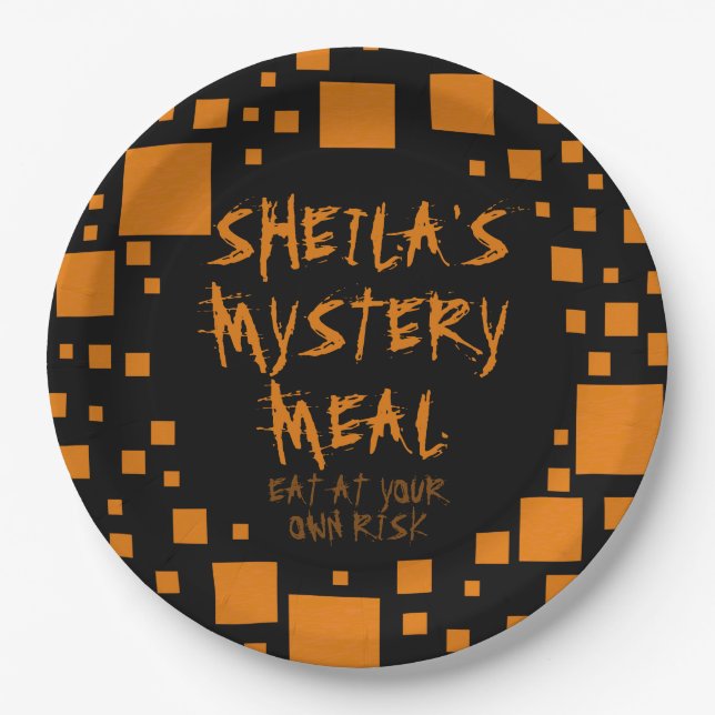 Halloween Black Orange Squares Name Spooky Food Paper Plates (Front)