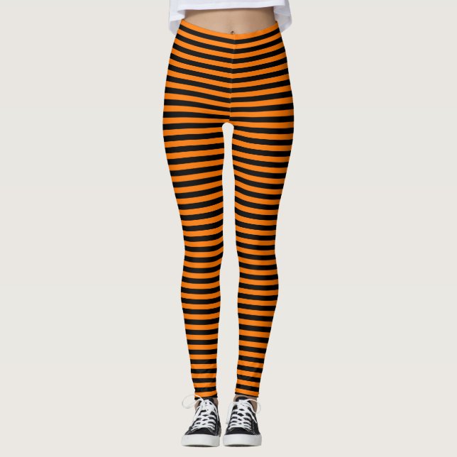 Halloween Black Orange Stripes Witch Costume Party Leggings (Front)