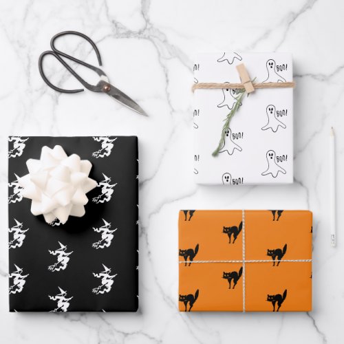 Halloween black orange white black cat witch ghost wrapping paper sheets