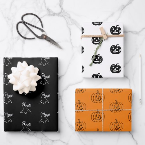 Halloween black orange white ghost jack o lantern wrapping paper sheets