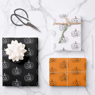Halloween black orange white jack o lantern wrapping paper sheets