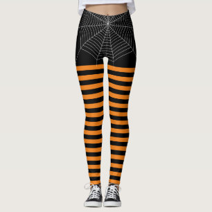 Halloween Black Orange White spider web stripes Leggings