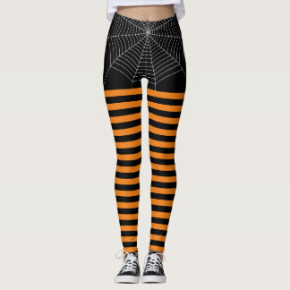 Halloween Black Orange White spider web stripes Leggings