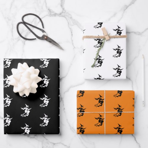 Halloween black orange white witch pattern wrapping paper sheets