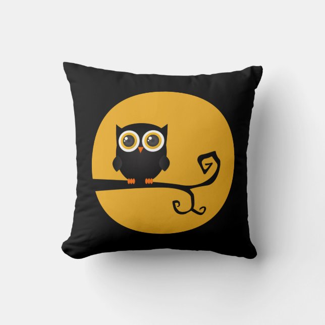 Halloween Black Owl Yellow Moon Throw Pillow (Front)