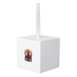 Halloween Black Pitbull Throne Pumpkins Full Moon_ Cube Ornament