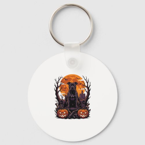 Halloween Black Pitbull Throne Pumpkins Full Moon_ Keychain