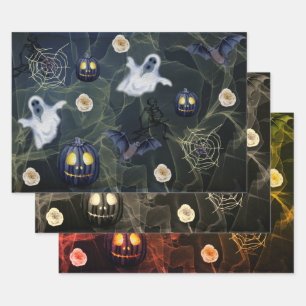 Halloween Black Pumpkin, Ghosts and Spider Web Wrapping Paper Sheets