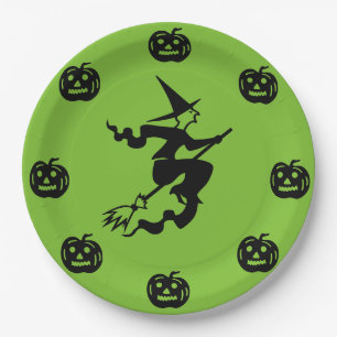 Halloween - Black Pumpkins & Witch Paper Plates