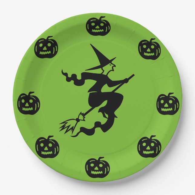 Halloween - Black Pumpkins & Witch Paper Plates (Front)