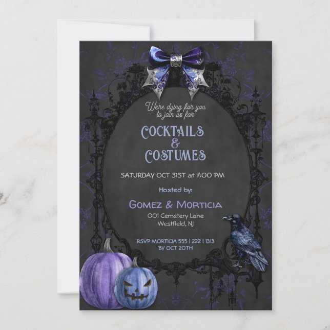 Halloween Black Purple Raven Skeletons Spooky Invitation (Front)