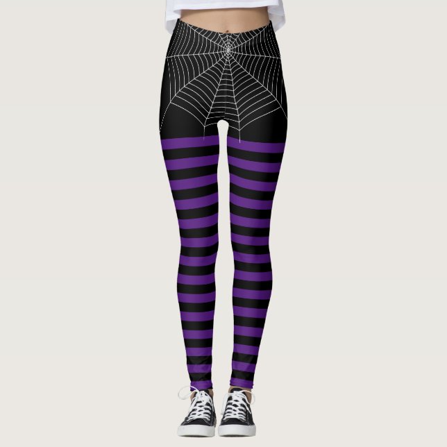 Halloween Black Purple White spider web stripes Leggings (Front)