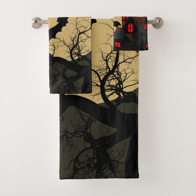 Halloween Black Red Haunted House Bat Full Moon Bath Towel Set (Insitu)