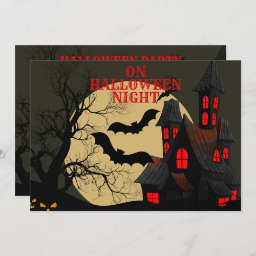 Halloween Black Red Haunted House Bat Full Moon Invitation