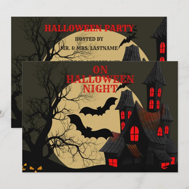Halloween Black Red Haunted House Bat Full Moon Invitation (Front/Back)