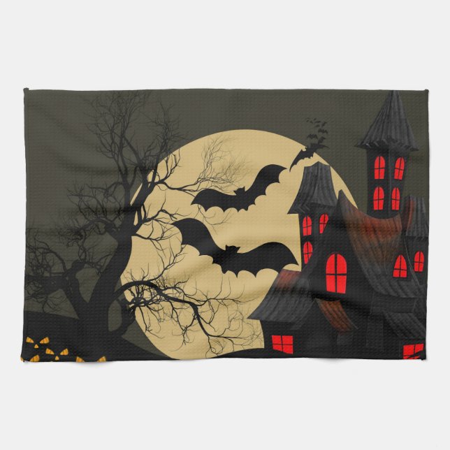 Halloween Black Red Haunted House Bat Full Moon Kitchen Towel (Horizontal)