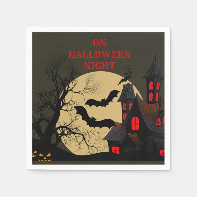 Halloween Black Red Haunted House Bat Full Moon Napkins (Front)