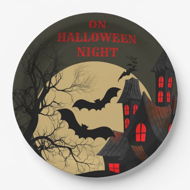 Halloween Black Red Haunted House Bat Full Moon Paper Plates (Front)