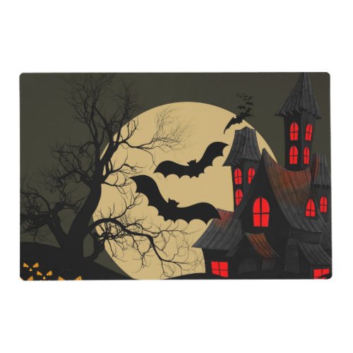 Halloween Black Red Haunted House Bat Full Moon Placemat