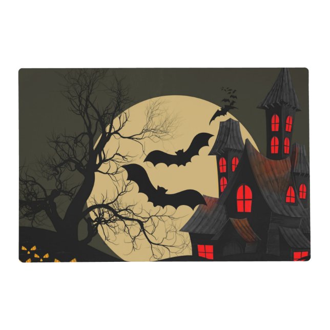 Halloween Black Red Haunted House Bat Full Moon Placemat (Front)