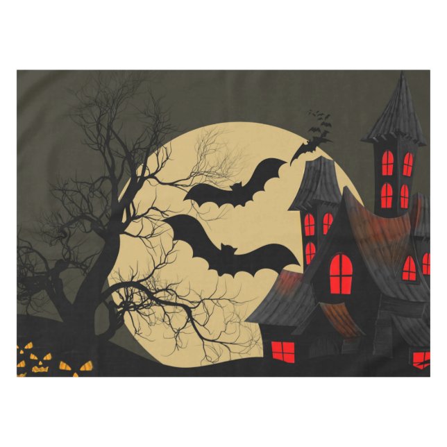 Halloween Black Red Haunted House Bat Full Moon Tablecloth (Front (Horizontal))