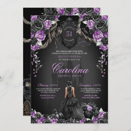 Halloween Black Rose Purple Princess Quinceanera Invitation