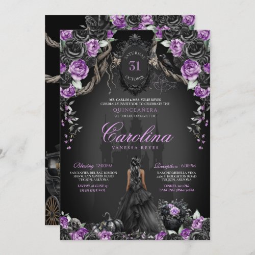 Halloween Black Rose Purple Princess Quinceanera Invitation
