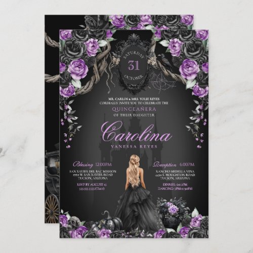 Halloween Black Roses Purple Princess Quinceaera Invitation