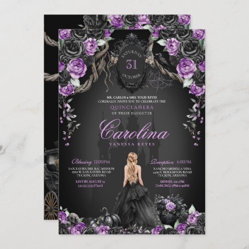 Halloween Black Roses Purple Princess Quinceanera Invitation