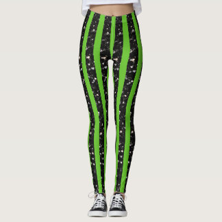 Halloween Black sparkles stripes lines on green Leggings