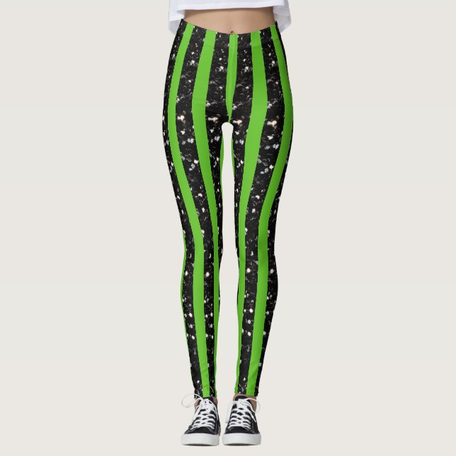 Halloween Black sparkles stripes lines on green Leggings (Front)
